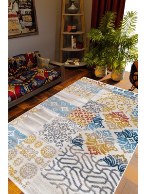Salon Halısı Otantik Patchwork Turuncu Gri Kahverengi Mavi Kaydırmaz Yıkanabilir Ince Halı Tüysüz