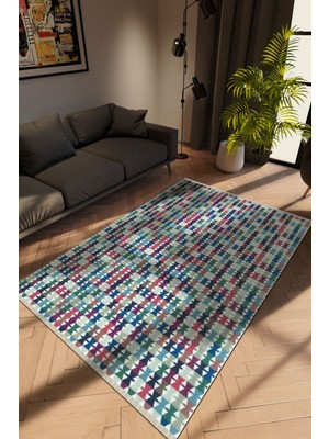 10 Post Online Modern Geometrik Karışık Renkli Dijital Baskı Halı Kaydırmaz Ince Yıkanabilir