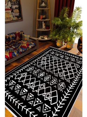 Salon Halısı Otantik Eskitme Siyah Beyaz Kaydırmaz Kesme Yıkanabilir Ince Halı Tüysüz Kilim