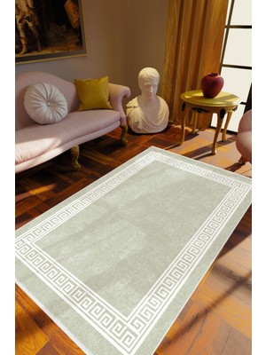 Salon Halısı Klasik Eskitme Haki Gri Kaydırmaz Kesme Yıkanabilir Ince Halı Tüysüz Kilim