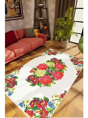10 Post Online Salon Halısı Figürlü Çiçekli Ekru Kaydırmaz Kesme Yıkanabilir Ince Halı Tüysüz Kilim