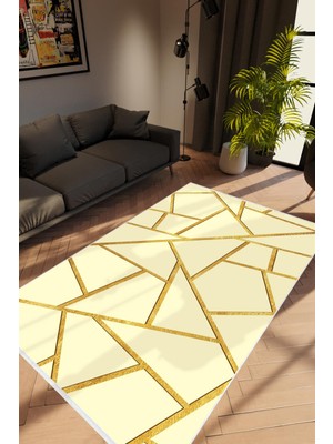 Salon Halısı Modern Geometrik Altın Krem Gold Kaydırmaz Kesme Yıkanabilir Ince Halı Tüysüz Kilim