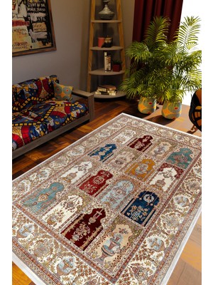 Salon Halısı Kilim Desenli Otantik Eskitme Bej Kaydırmaz Kesme Yıkanabilir Ince Halı Tüysüz Kilim