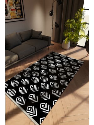 Modern Siyah Dijital Baskı Halı Kaydırmaz Ince Yıkanabilir