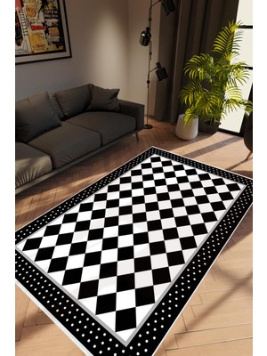 10 Post Online Salon Halısı Modern Geometrik Siyah Beyaz Kaydırmaz Kesme Yıkanabilir Ince Halı Tüysüz Kilim