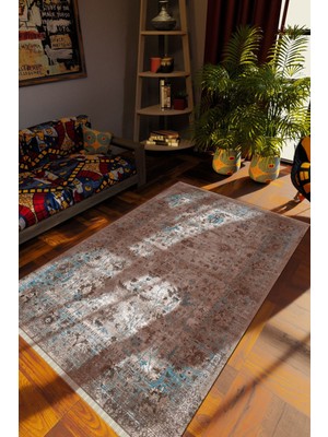 Klasik Eskitme Gri Dijital Baskı Halı Kaydırmaz Ince Yıkanabilir