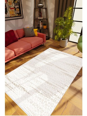 10 Post Online Salon Halısı Modern Eskitme Ekru Krem Kaydırmaz Kesme Yıkanabilir Ince Halı Tüysüz Kilim