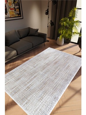 Salon Halısı Modern Eskitme Gri Vizon Kaydırmaz Kesme Yıkanabilir Ince Halı Tüysüz Kilim