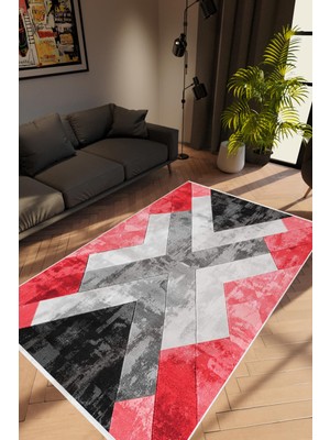 Salon Halısı Modern Geometrik Gümüş Kırmızı Gri Siyah Kaydırmaz Yıkanabilir Ince Halı Tüysüz Kilim