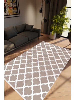 Salon Halısı Modern Geometrik Fas Kahverengi Beyaz Kaydırmaz Yıkanabilir Ince Halı Tüysüz Kilim