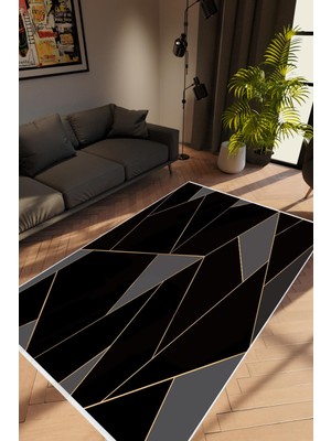 10 Post Online Salon Halısı Modern Geometrik Siyah Gri Kaydırmaz Kesme Yıkanabilir Ince Halı Tüysüz Kilim