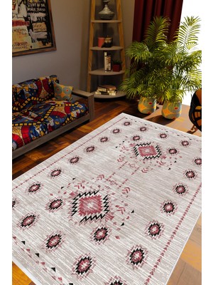 Salon Halısı Kilim Otantik Eskitme Ekru Gri Gülkkurusu Kaydırmaz Yıkanabilir Ince Halı Tüysüz Kilim