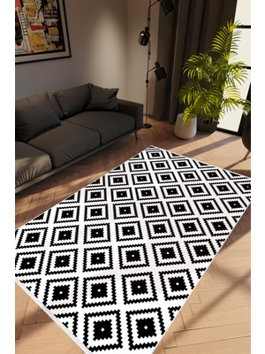 Salon Halısı Modern Zig Zag Beyaz Kaydırmaz Kesme Yıkanabilir Ince Halı Tüysüz Kilim