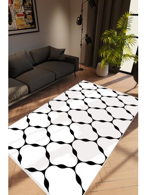 Modern Geometrik Beyaz Siyah Krem Kaydırmaz Kesme Yıkanabilir Ince Halı