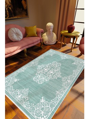 10 Post Online Salon Halısı Klasik Turkuaz Mavi Kaydırmaz Kesme Yıkanabilir Ince Halı Tüysüz Kilim