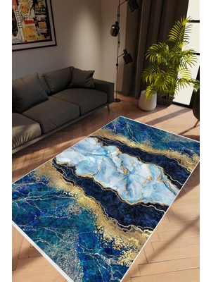 10 Post Online Salon Halısı Taş Mermer Modern Gold Mavi Altın Kaydırmaz Kesme Yıkanabilir Ince Halı Tüysüz Kilim