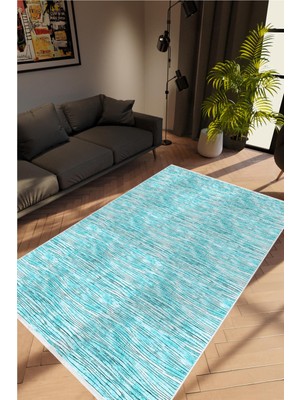 Modern Eskitme Turkuaz Kaydırmaz Kesme Yıkanabilir Ince Halı