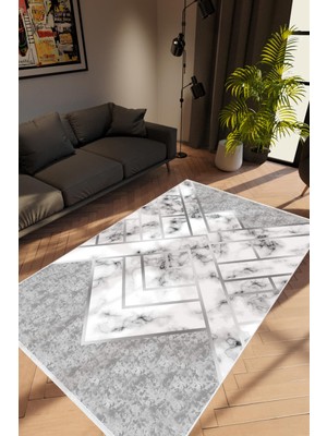 Salon Halısı Modern Geometrik Gri Gümüş Kaydırmaz Kesme Yıkanabilir Ince Halı Tüysüz Kilim