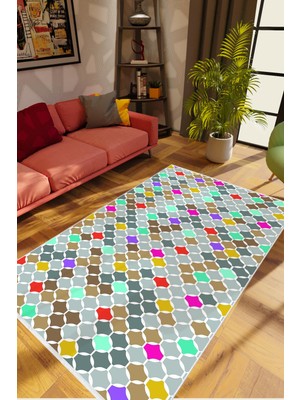Modern Geometrik Gri Turkuaz Pembe Kaydırmaz Kesme Yıkanabilir Ince Halı
