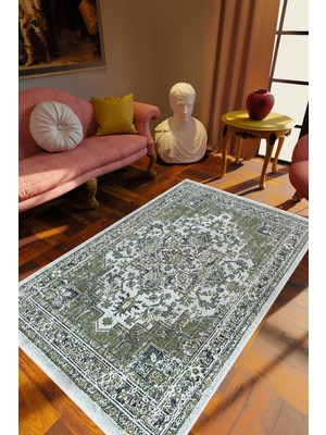 Salon Halısı Klasik Eskitme Yeşil Kahverengi Krem Kaydırmaz Kesme Yıkanabilir Ince Halı Tüysüz Kilim