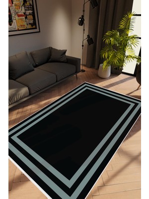 Salon Halısı Modern Çizgili Siyah Gri Kaydırmaz Kesme Yıkanabilir Ince Halı Tüysüz Kilim