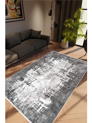 Salon Halısı Doku Eskitme Siyah Anstrasit Kaydırmaz Kesme Yıkanabilir Ince Halı Tüysüz Kilim
