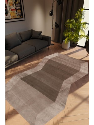 Salon Halısı Renkli Modern Kahverengi Ekru Kaydırmaz Kesme Yıkanabilir Ince Halı Tüysüz Kilim