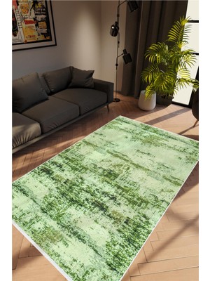 Salon Halısı Doku Eskitme Haki Yeşil Kaydırmaz Kesme Yıkanabilir Ince Halı Tüysüz Kilim