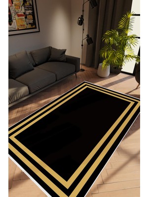 Salon Halısı Modern Çizgili Kahverengi Siyah Gold Kaydırmaz Kesme Yıkanabilir Ince Halı Tüysüz Kilim