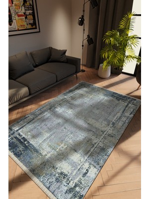 10 Post Online Modern Eskitme Lacivert Dijital Baskı Halı Kaydırmaz Ince Yıkanabilir