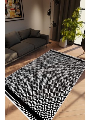 10 Post Online Salon Halısı Modern Geometrik Siyah Beyaz Kaydırmaz Kesme Yıkanabilir Ince Halı Tüysüz Kilim