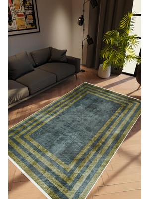 Salon Halısı Modern Çizgili Yeşil Anstrasit Sarı Kaydırmaz Kesme Yıkanabilir Ince Halı Tüysüz Kilim