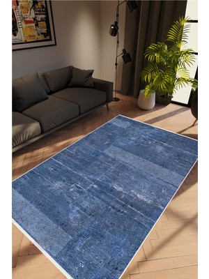 10 Post Online Salon Halısı Modern Eskitme Lacivert Indigo Kaydırmaz Kesme Yıkanabilir Ince Halı Tüysüz Kilim