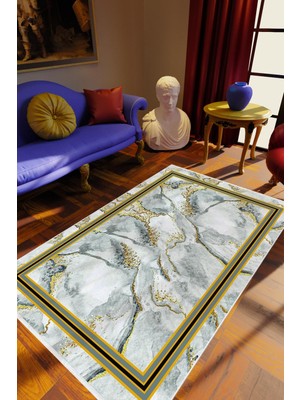 Salon Halısı Eskitme Geometrik Mermer Altın Beyaz Gri Kahverengi Kaydırmaz Yıkanabilir Ince Halı