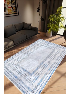 Salon Halısı Doku Eskitme Mavi Beyaz Kaydırmaz Kesme Yıkanabilir Ince Halı Tüysüz Kilim