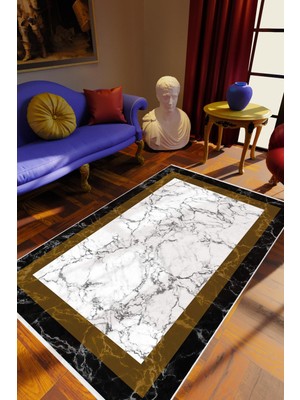 Salon Halısı Eskitme Geometrik Mermer Kahverengi Beyaz Siyah Kaydırmaz Yıkanabilir Ince Halı