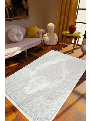 Salon Halısı Klasik Gri Krem Kaydırmaz Kesme Yıkanabilir Ince Halı Tüysüz Kilim