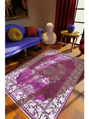 Klasik Eskitme Mor Dijital Baskı Halı Kaydırmaz Ince Yıkanabilir