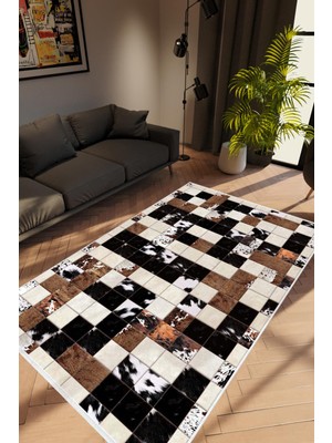 Salon Halısı Modern Patchwork Gri Kahverengi Siyah Kaydırmaz Yıkanabilir Ince Halı Tüysüz Kilim