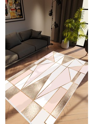 Salon Halısı Modern Geometrik Metalik Pembe Kahverengi Kaydırmaz Yıkanabilir Ince Halı Tüysüz Kilim