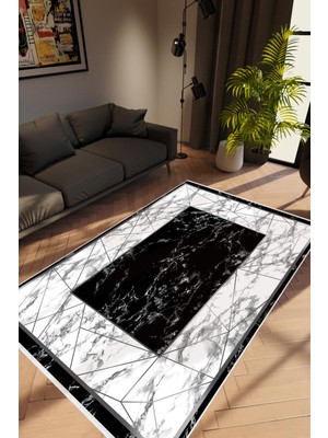 Salon Halısı Modern Çizgili Siyah Beyaz Kaydırmaz Kesme Yıkanabilir Ince Halı Tüysüz Kilim