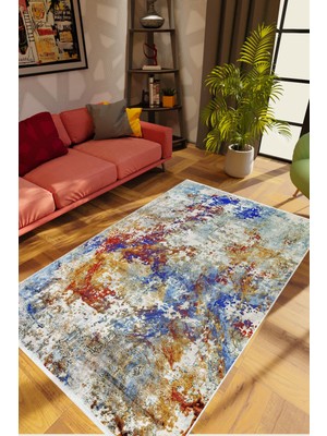 Salon Halısı Modern Eskitme Lacivert Kaydırmaz Kesme Yıkanabilir Ince Halı Tüysüz Kilim