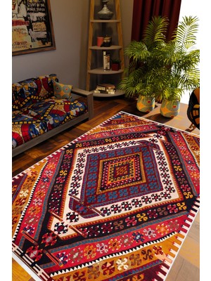 Salon Halısı Kilim Otantik Eskitme Kahverengi Kaydırmaz Yıkanabilir Ince Halı Tüysüz Kilim