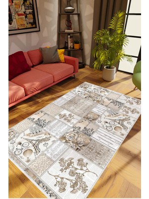 Salon Halısı Figürlü Çiçekli Country Desenli Gri Kaydırmaz Kesme Yıkanabilir Ince Halı Tüysüz Kilim
