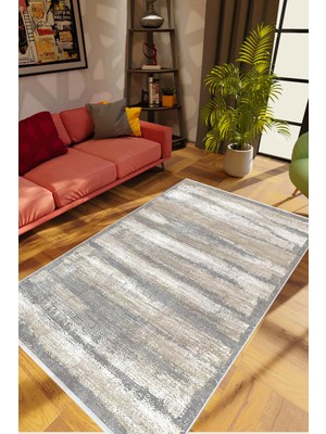 Salon Halısı Modern Eskitme Gri Krem Kaydırmaz Kesme Yıkanabilir Ince Halı Tüysüz Kilim