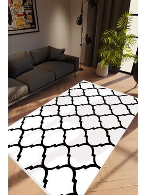 Salon Halısı Modern Geometrik Beyaz Siyah Kaydırmaz Kesme Yıkanabilir Ince Halı Tüysüz Kilim