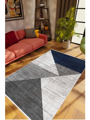 Salon Halısı Modern Patchwork Gri Indigo Lacivert Kaydırmaz Kesme Yıkanabilir Ince Halı Tüysüz Kilim