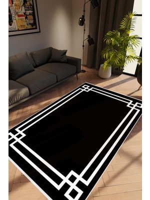 Salon Halısı Modern Çizgili Siyah Beyaz Kaydırmaz Kesme Yıkanabilir Ince Halı Tüysüz Kilim