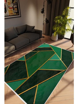 Salon Halısı Modern Geometrik Altın Yeşil Gold Kaydırmaz Kesme Yıkanabilir Ince Halı Tüysüz Kilim