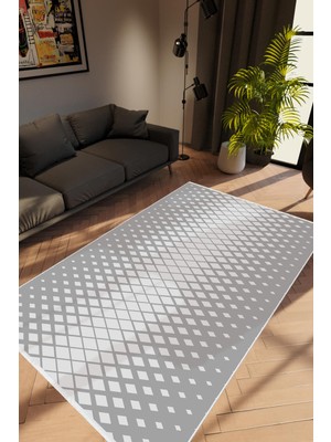 Salon Halısı Modern Geometrik Gri Beyaz Kaydırmaz Kesme Yıkanabilir Ince Halı Tüysüz Kilim